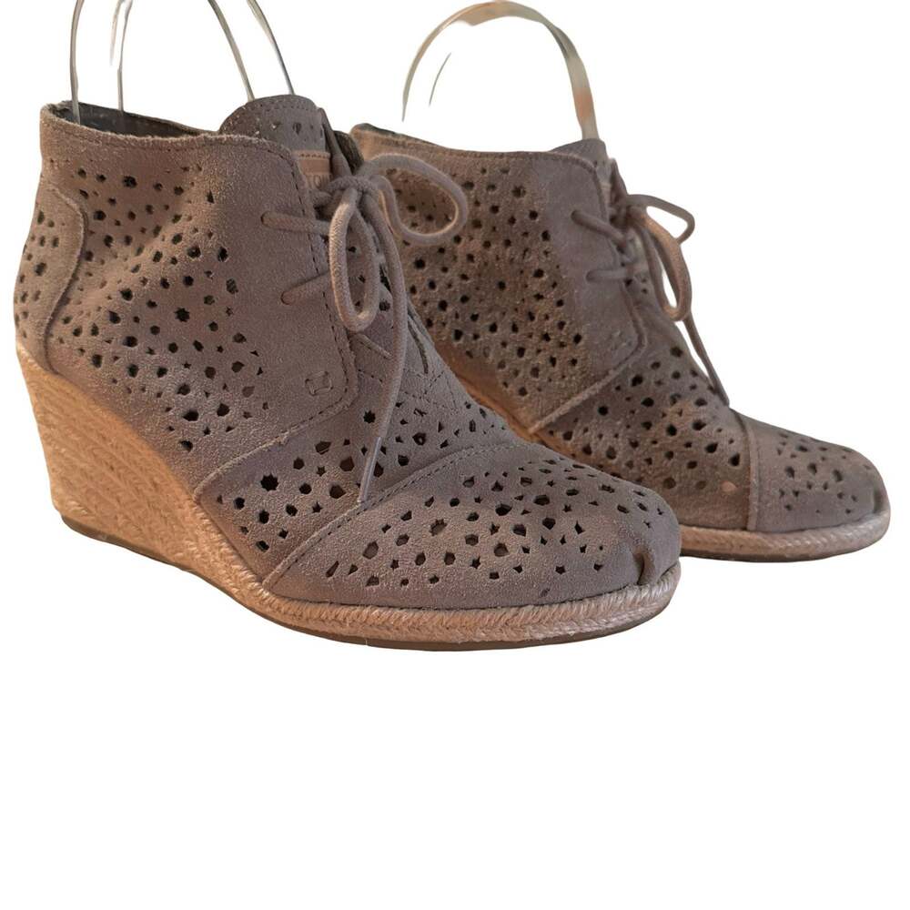 Toms Suede Leather Laser Cut Out Espadrille Wedge Ankle Booties Shoes sz 6.5
